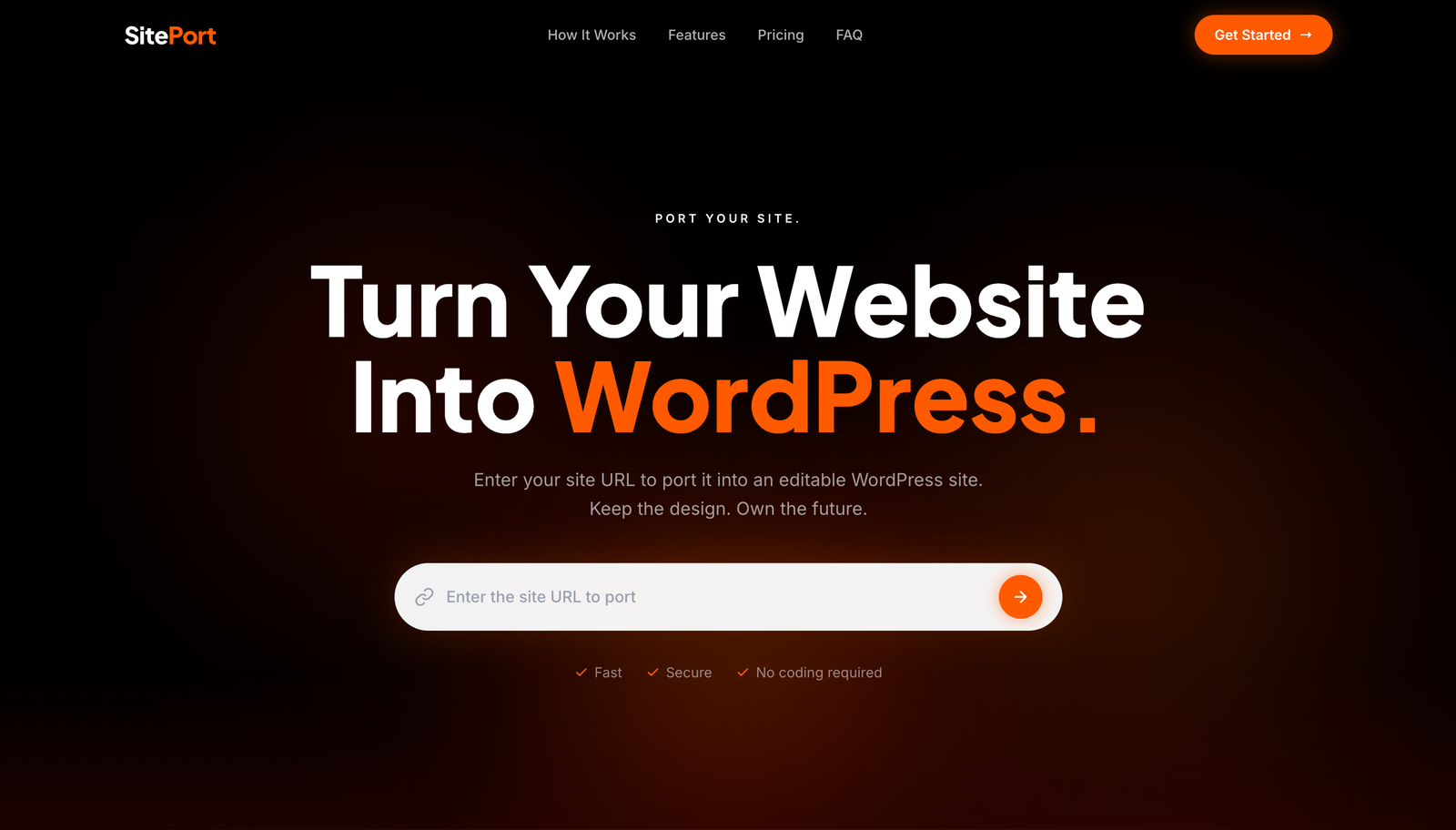 SitePort landing page for converting a website into WordPress