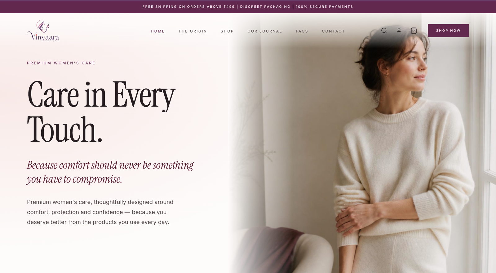 Vinyaara premium women's care homepage