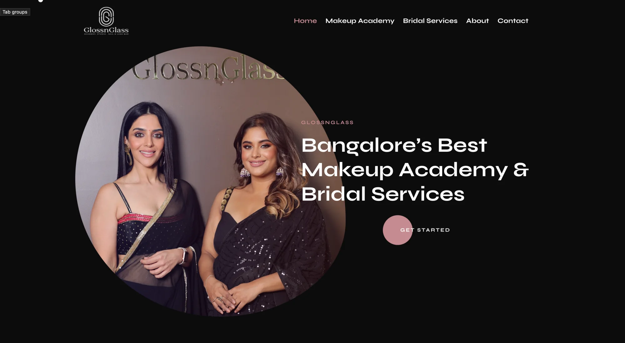 Screenshot of the GlossnGlass bridal makeup studio and academy homepage